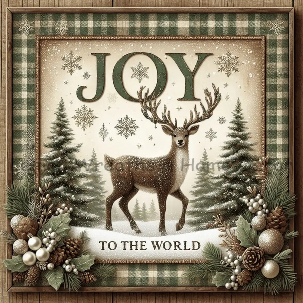 Joy To The World Winter Deer Square Metal Sign