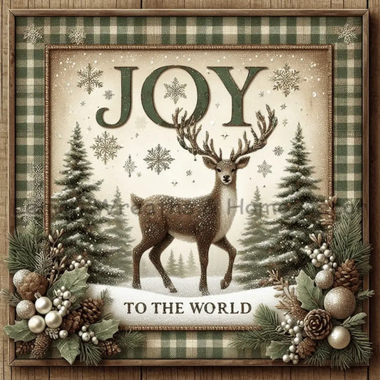 Joy To The World Winter Deer Square Metal Sign