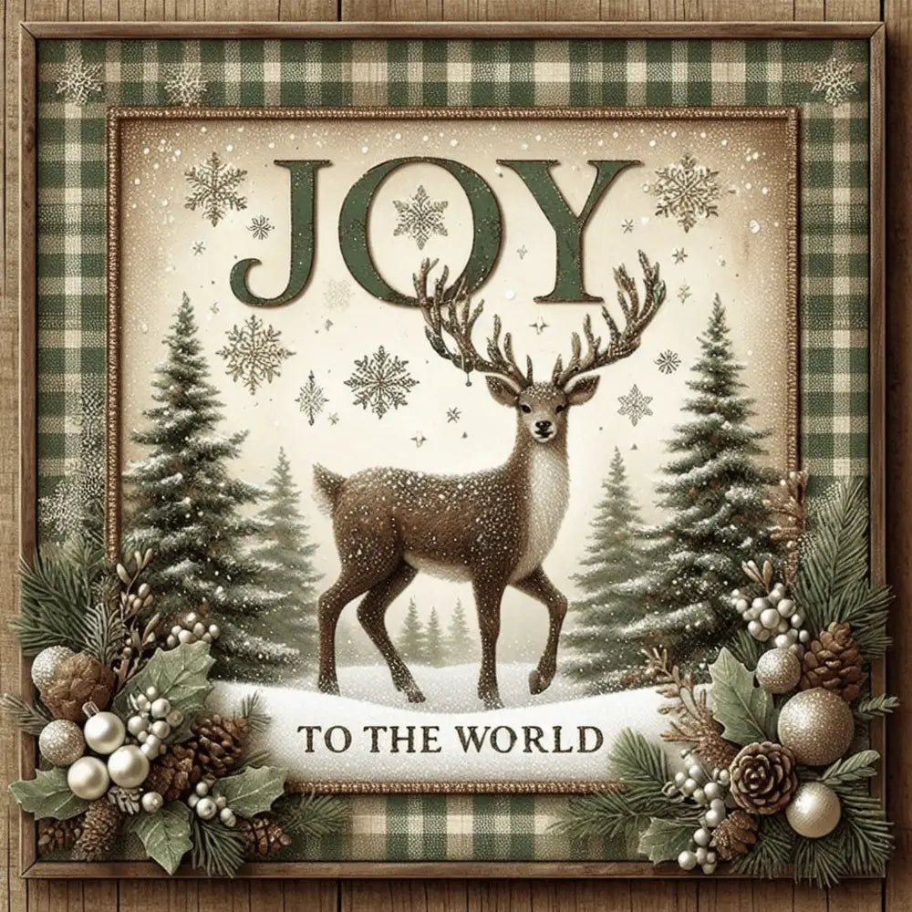 Joy To The World Winter Deer Square Metal Sign