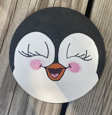 Closed Eye Cute Penguin Face Hand Painted Wood Sign