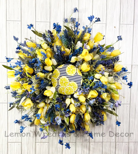 Lemon And Spring Blue Floral Wreath