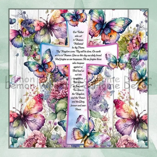 Lord’s Prayer Cross Watercolor Butterflies Square Metal Sign