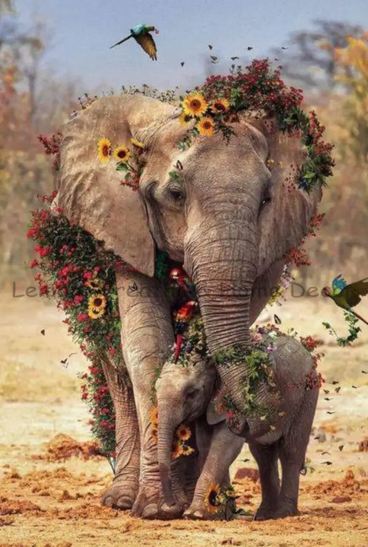 Mama Elephant And Baby Floral Metal Sign