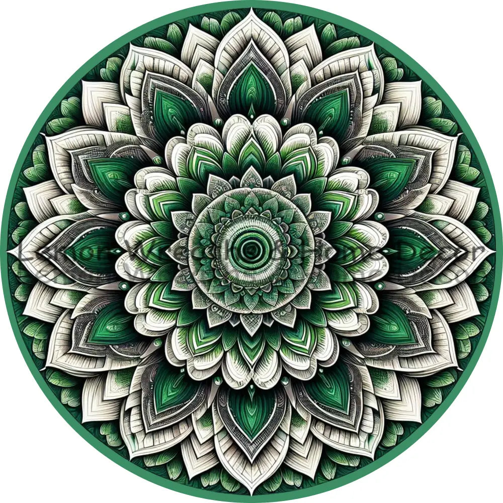 Mandala Flower Center Green And White Metal Sign