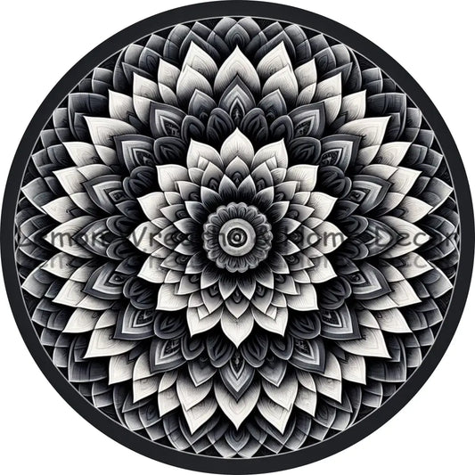 Mandala Flower Center Monochrome Metal Sign