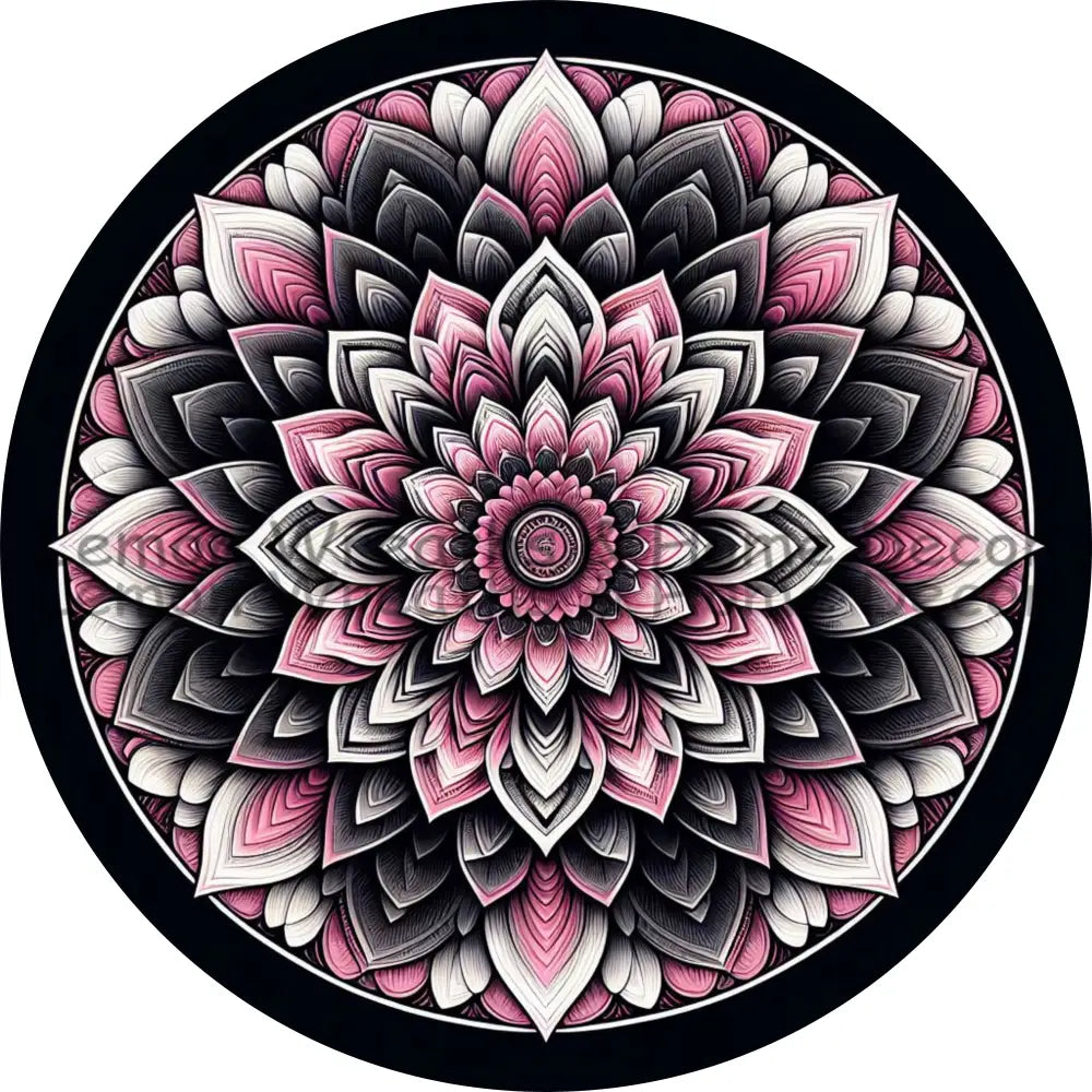 Mandala Flower Center Pink Black And White Metal Sign
