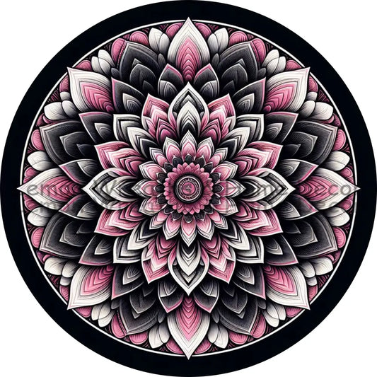 Mandala Flower Center Pink Black And White Metal Sign
