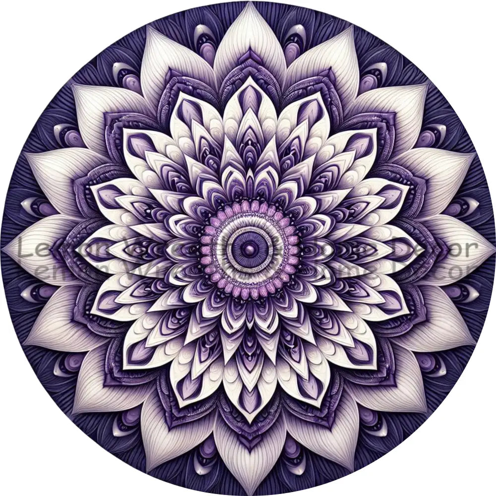 Mandala Flower Center Purple And White Metal Sign