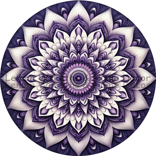 Mandala Flower Center Purple And White Metal Sign