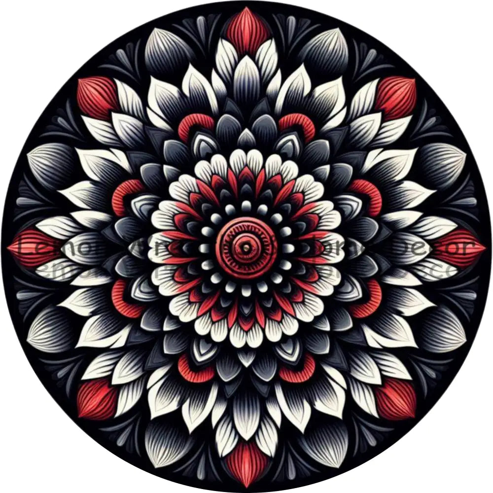 Mandala Flower Center Red Black And White Metal Sign
