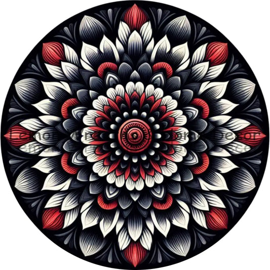 Mandala Flower Center Red Black And White Metal Sign