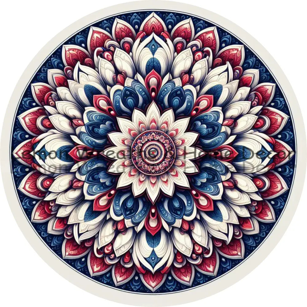 Mandala Flower Center Red White And Blue Metal Sign