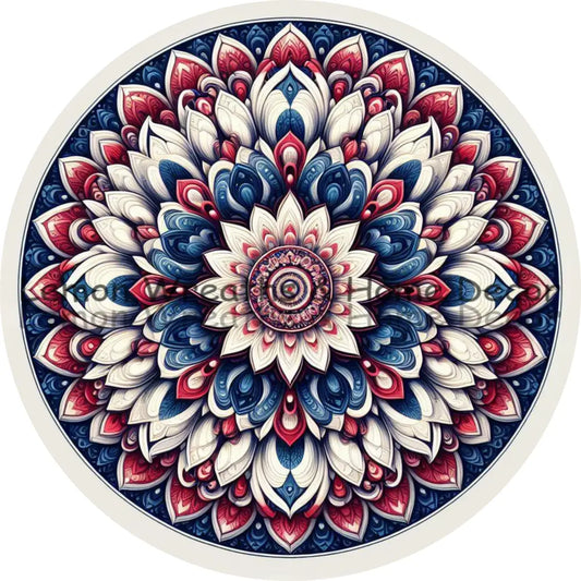 Mandala Flower Center Red White And Blue Metal Sign
