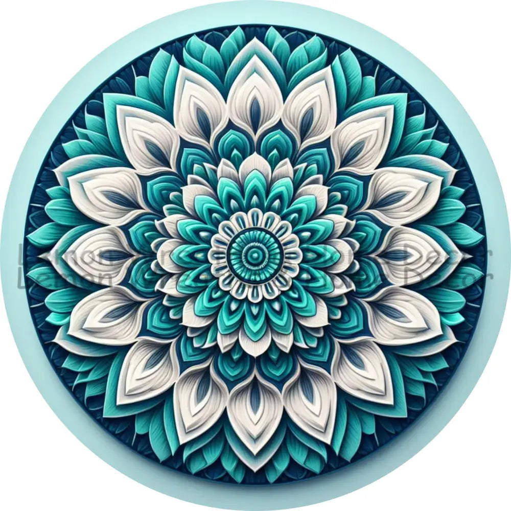 Mandala Flower Center Seafoam And White Metal Sign