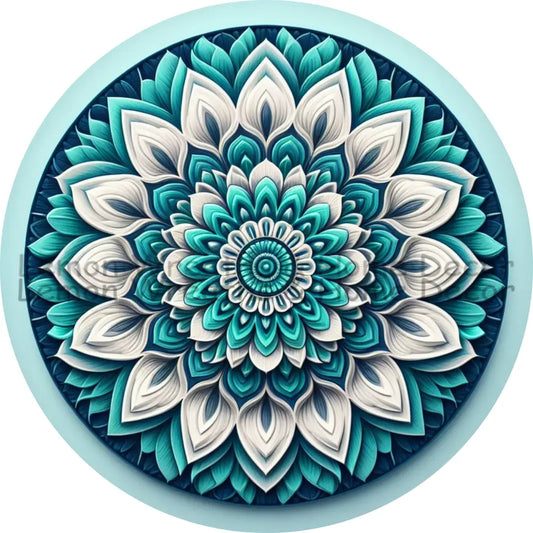 Mandala Flower Center Seafoam And White Metal Sign