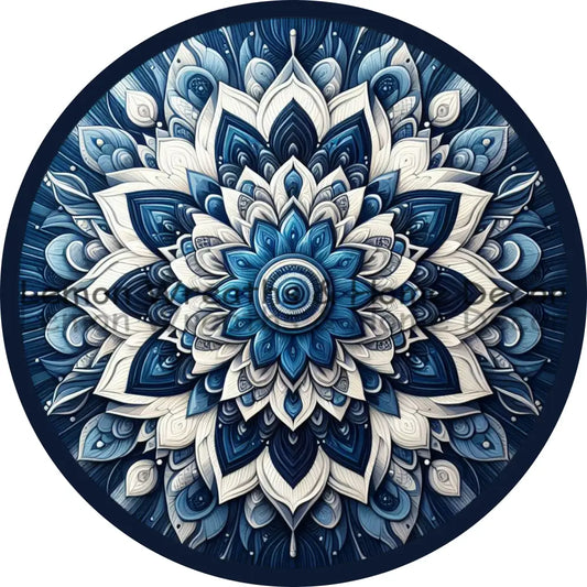 Mandala Flower Center Shades Of Blue Metal Sign