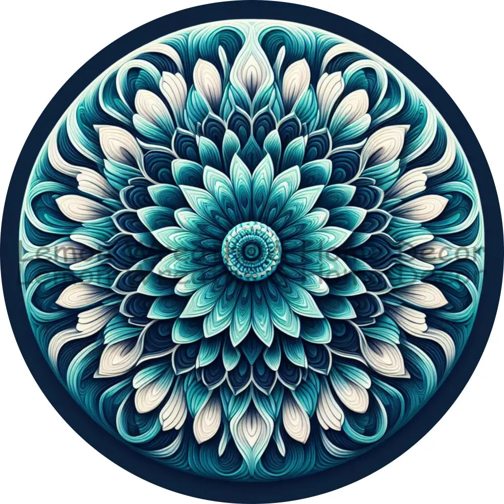 Mandala Flower Center Shades Of Turquoise Metal Sign