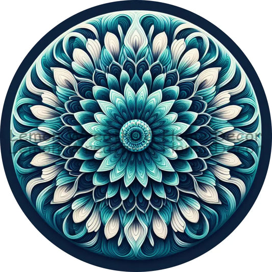 Mandala Flower Center Shades Of Turquoise Metal Sign