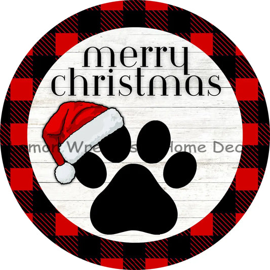 Merry Christmas Dog Paw W/Santa Hat Metal Sign