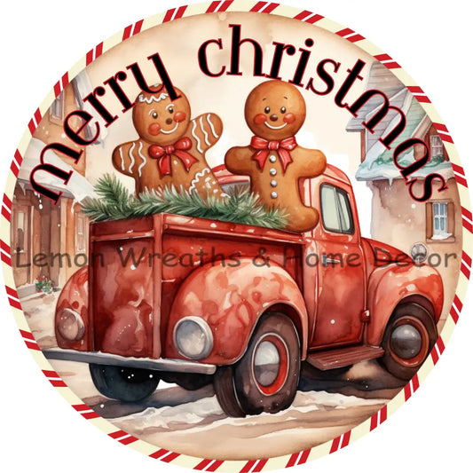 Merry Christmas Gingerbread Couple In Red Truck Metal Sign