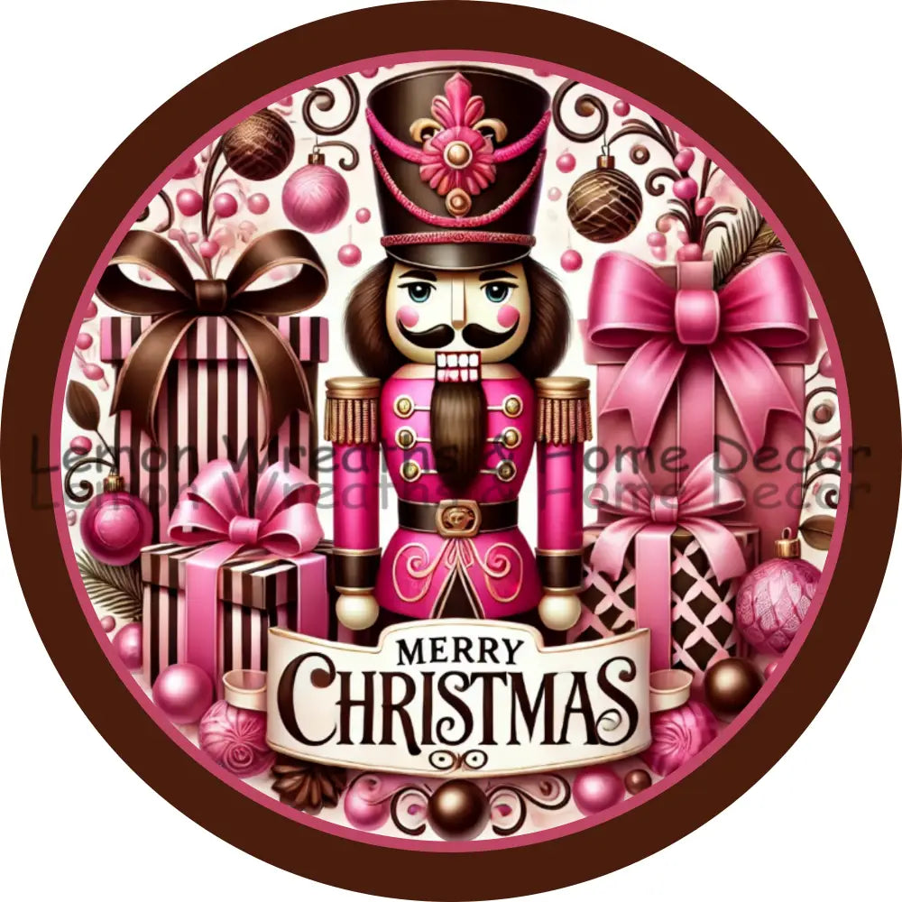 Merry Christmas Nutcracker Pink & Chocolate Metal Sign