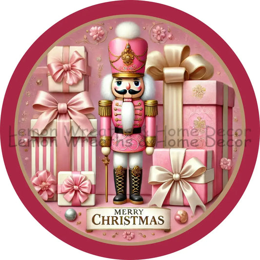 Merry Christmas Nutcracker Pink & Gold Metal Sign