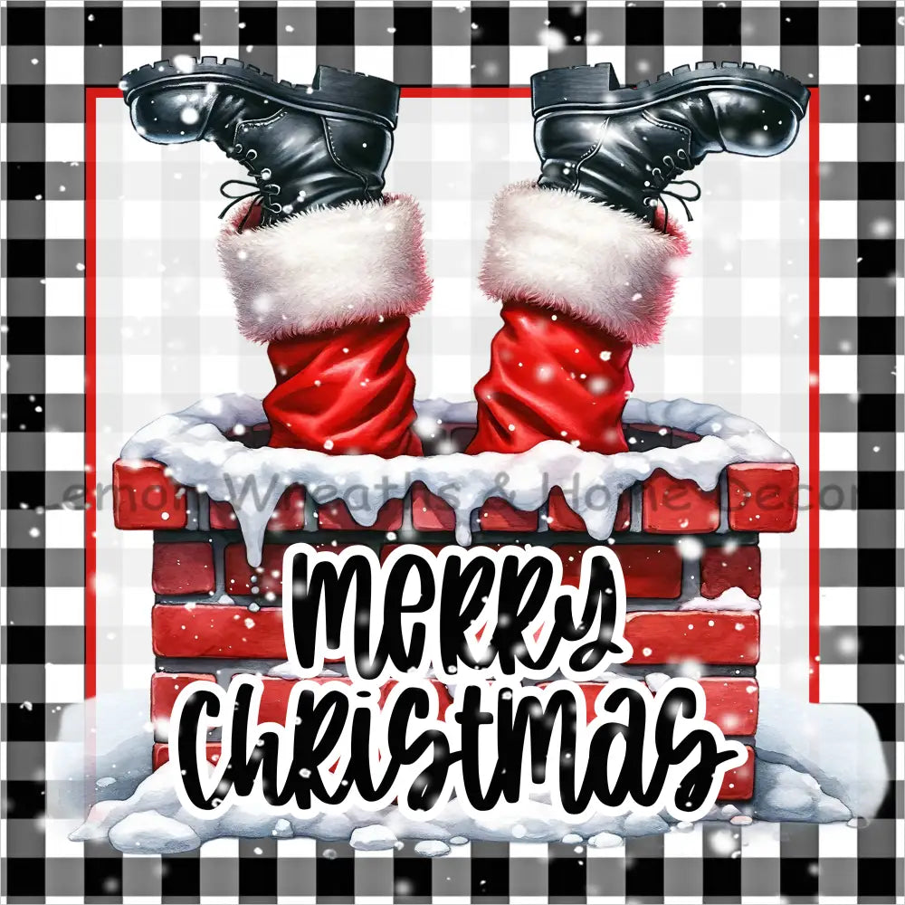 Merry Christmas Santa In Chimney Metal Sign