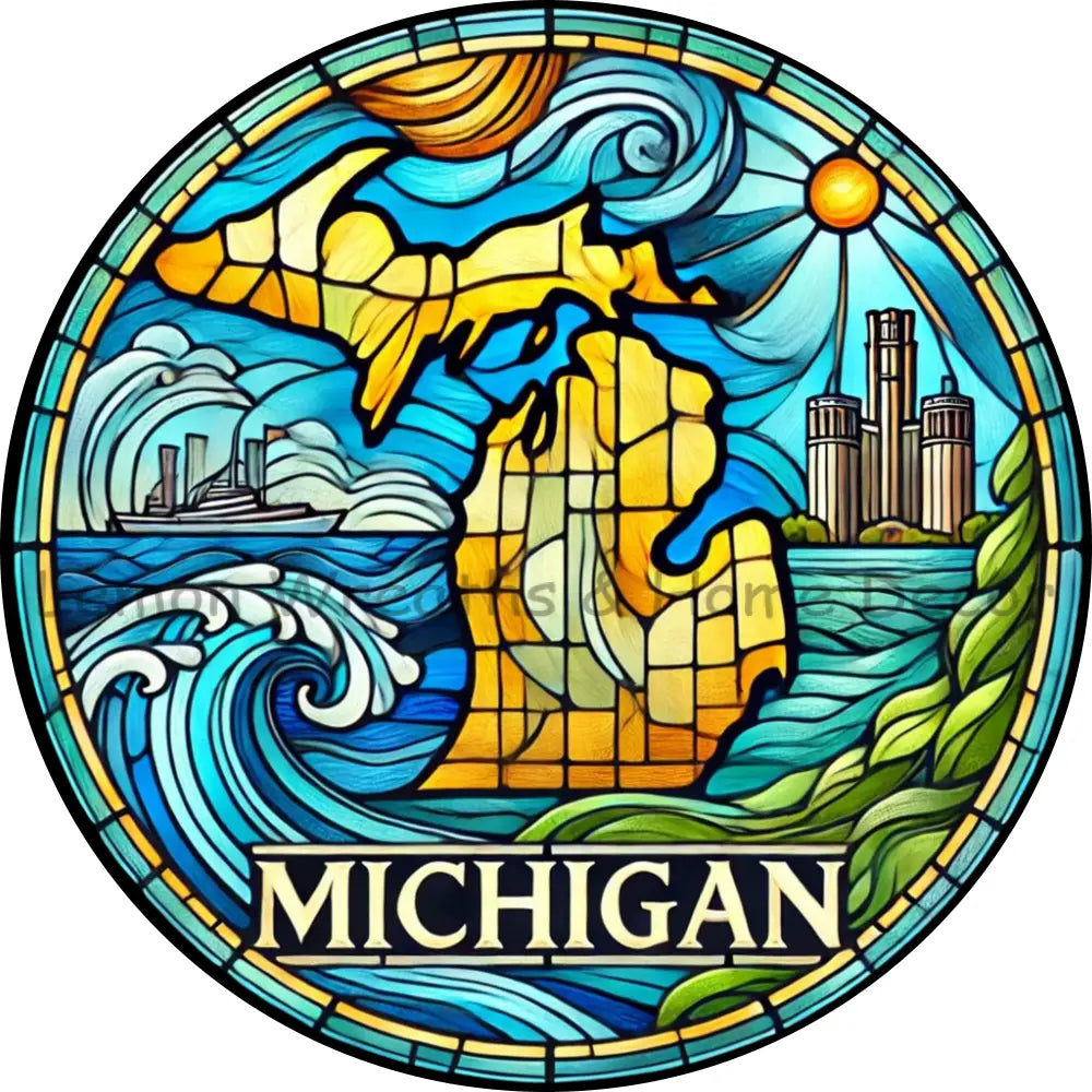 Michigan Faux Stained Glass Metal Sign