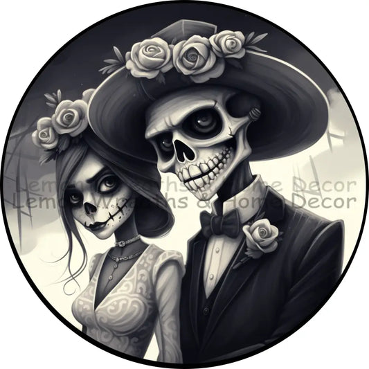 Monochrome Cartoon Day Of The Dead Couple Metal Sign 6