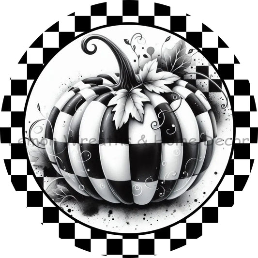 Monochrome Checkered Pumpkin Metal Sign