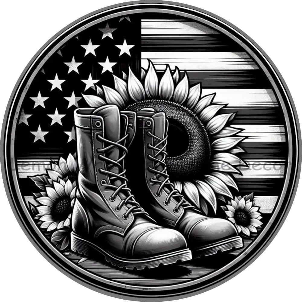 Monochrome Combat Boots American Flag w/Sunflowers Metal Sign