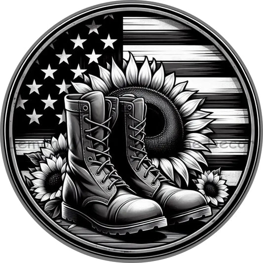 Monochrome Combat Boots American Flag w/Sunflowers Metal Sign