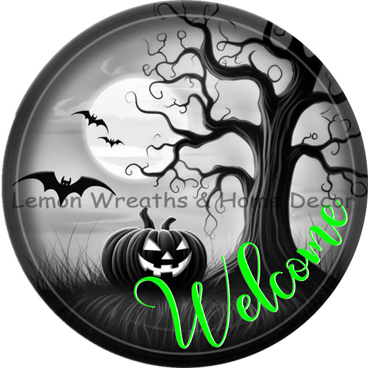 Monochrome Pumpkin & Spooky Tree Halloween Metal Sign