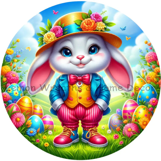 Neon Floppy Ear Boy Easter Bunny W/Yellow Vest Metal Sign