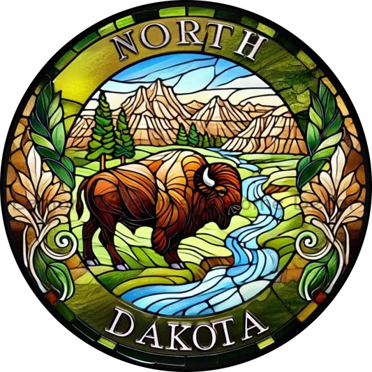 North Dakota Faux Stained Glass Metal Sign