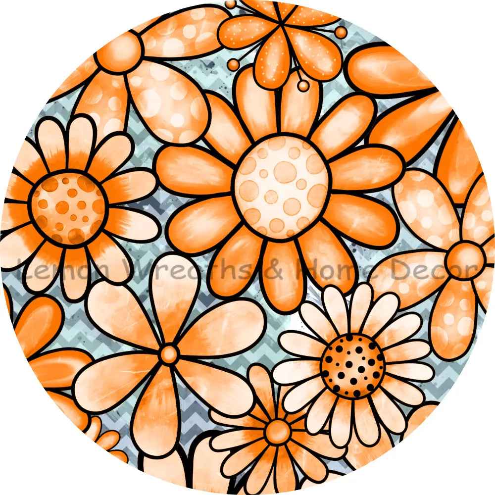 Orange White Florals Grey Background Sublimated Fabric Center