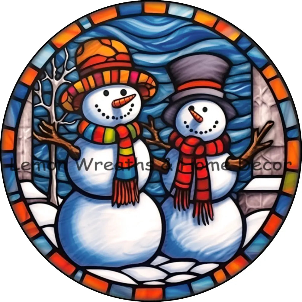Pair Of Snowmen Faux Stained Glass Metal Sign
