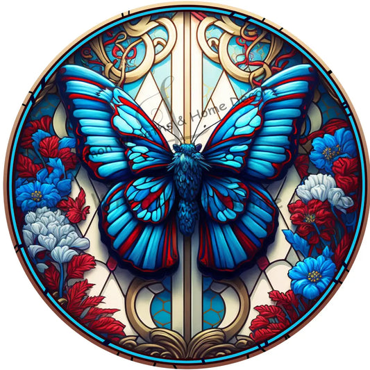 Patriotic Butterfly Faux Stained Glass Metal Sign 8