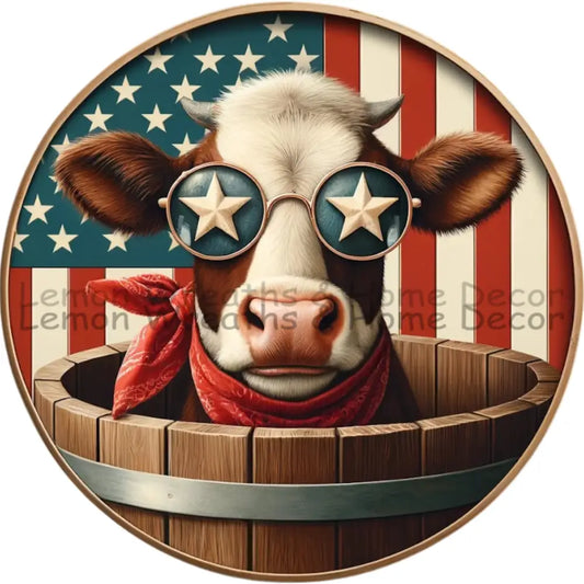 Patriotic Cow In Water Bucket American Flag Metal Sign