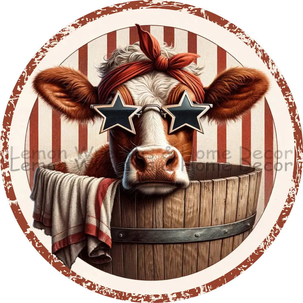 Patriotic Cow In Water Bucket Distressed Border Metal Sign
