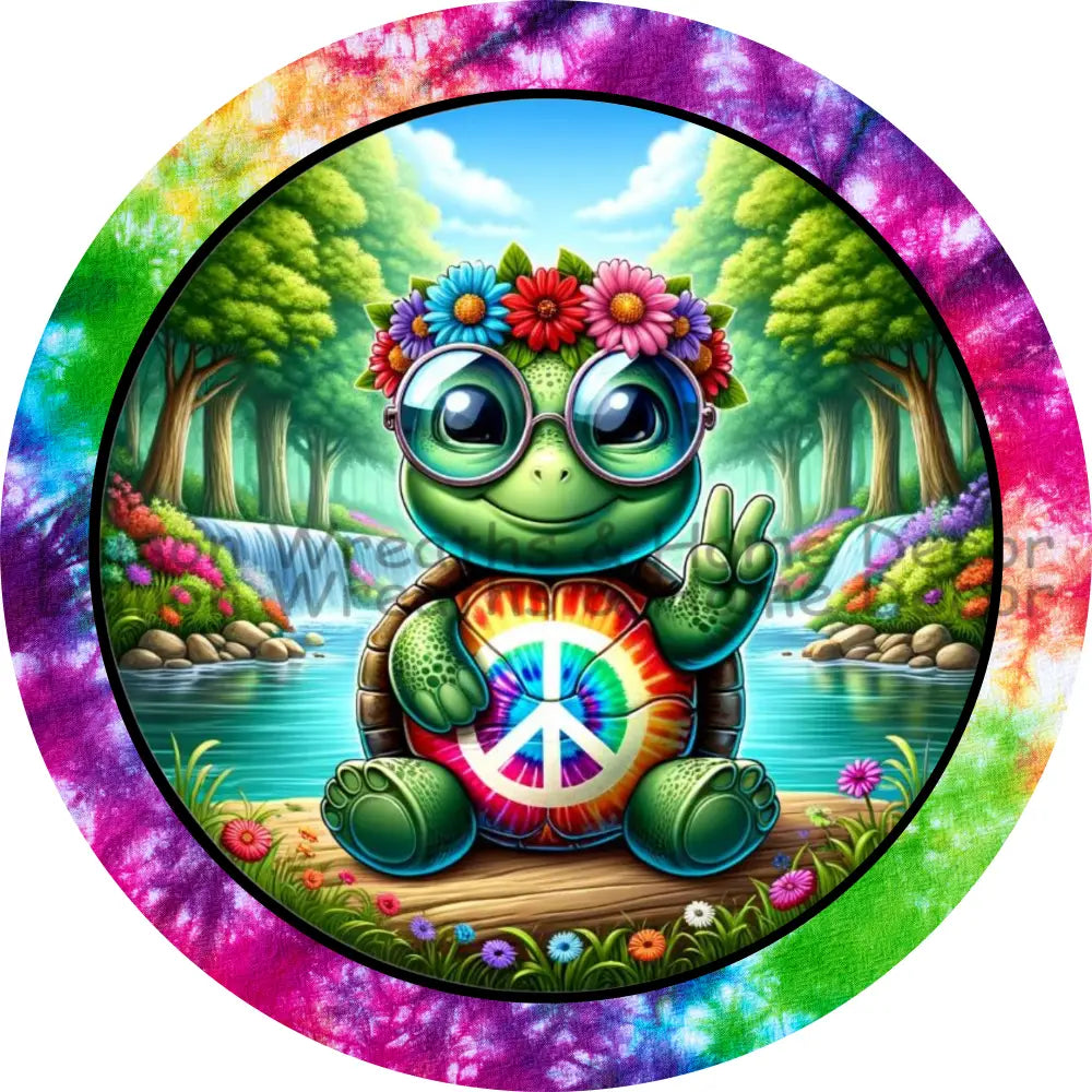 Peace Turtle Tie Dye Border Metal Sign
