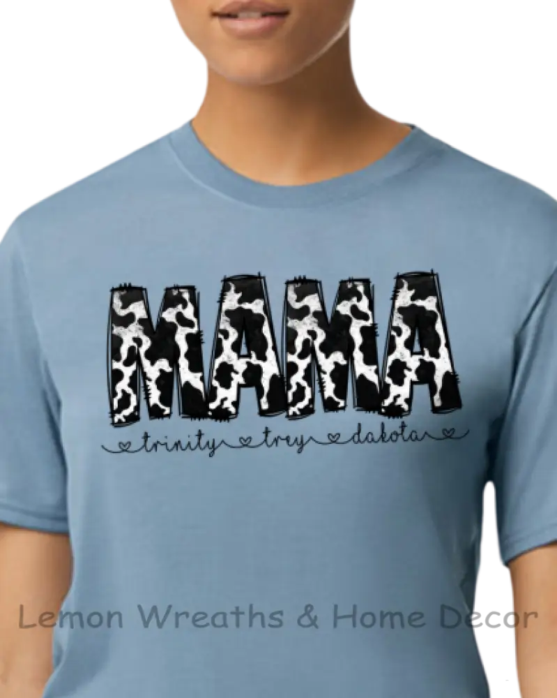 Personalized Black Cow Design Mama Shirt S / Stone Blue
