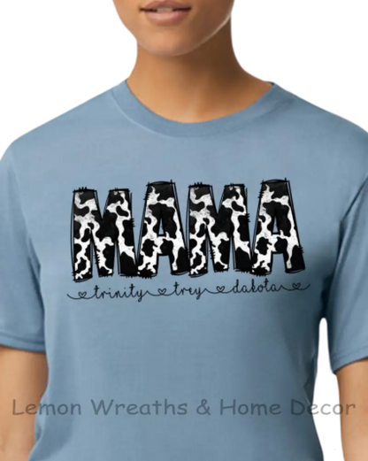 Personalized Black Cow Design Mama Shirt S / Stone Blue