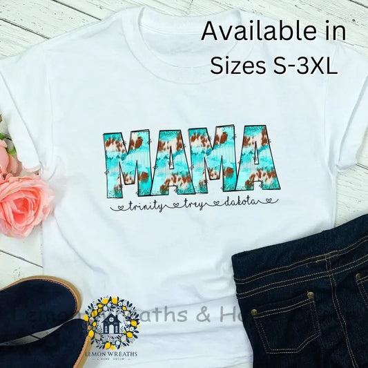Personalized Turquoise Brown Cow Plaid Design Mama Shirt