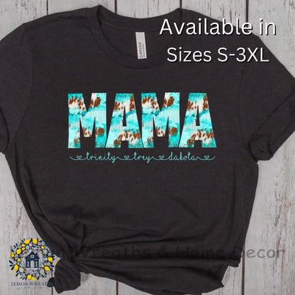 Personalized Turquoise Brown Cow Plaid Design Mama Shirt