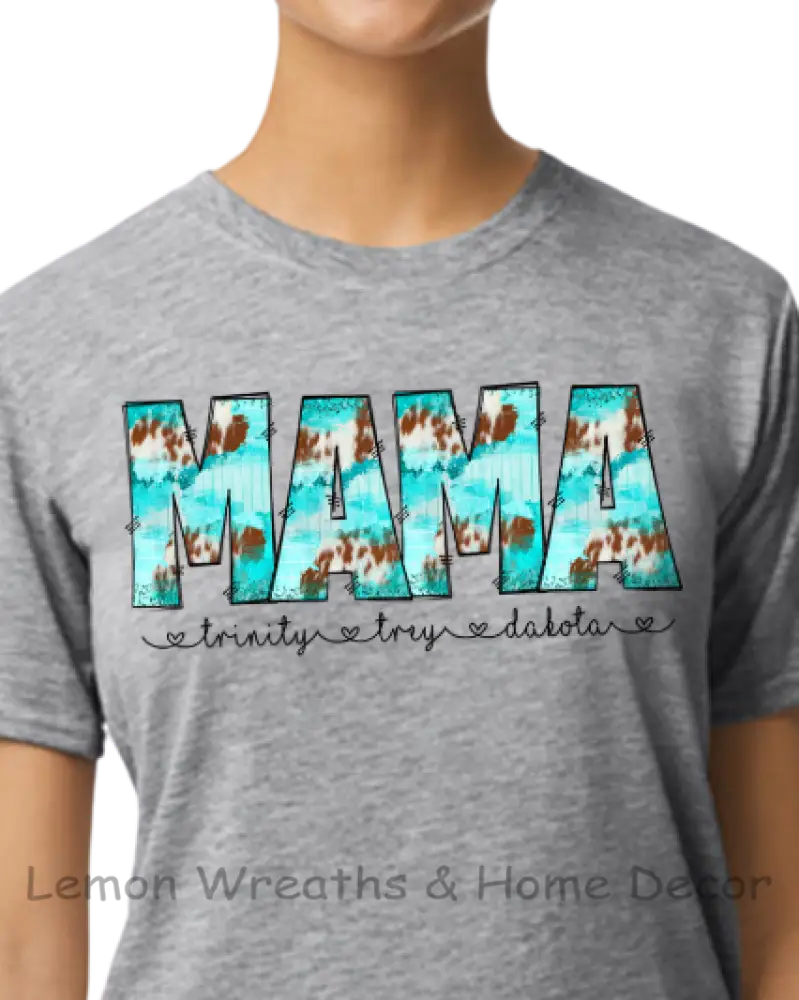 Personalized Turquoise Brown Cow Plaid Design Mama Shirt