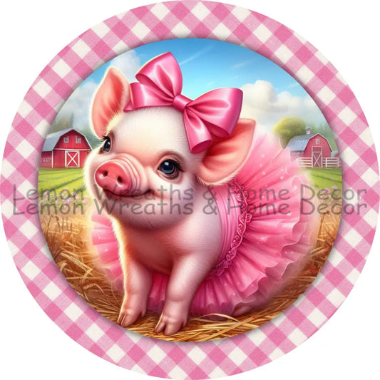 Pink Check Pig Wearing Tutu Metal Sign