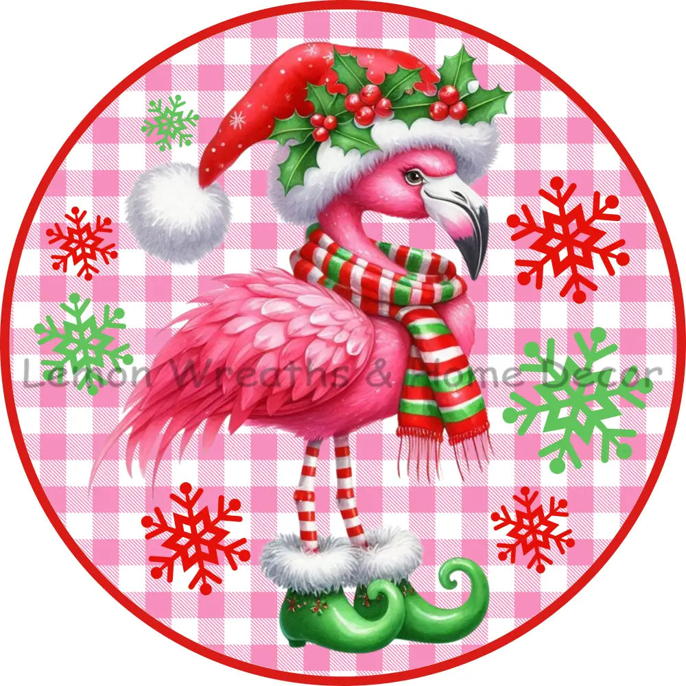 Pink Gingham Christmas Flamingo Metal Sign