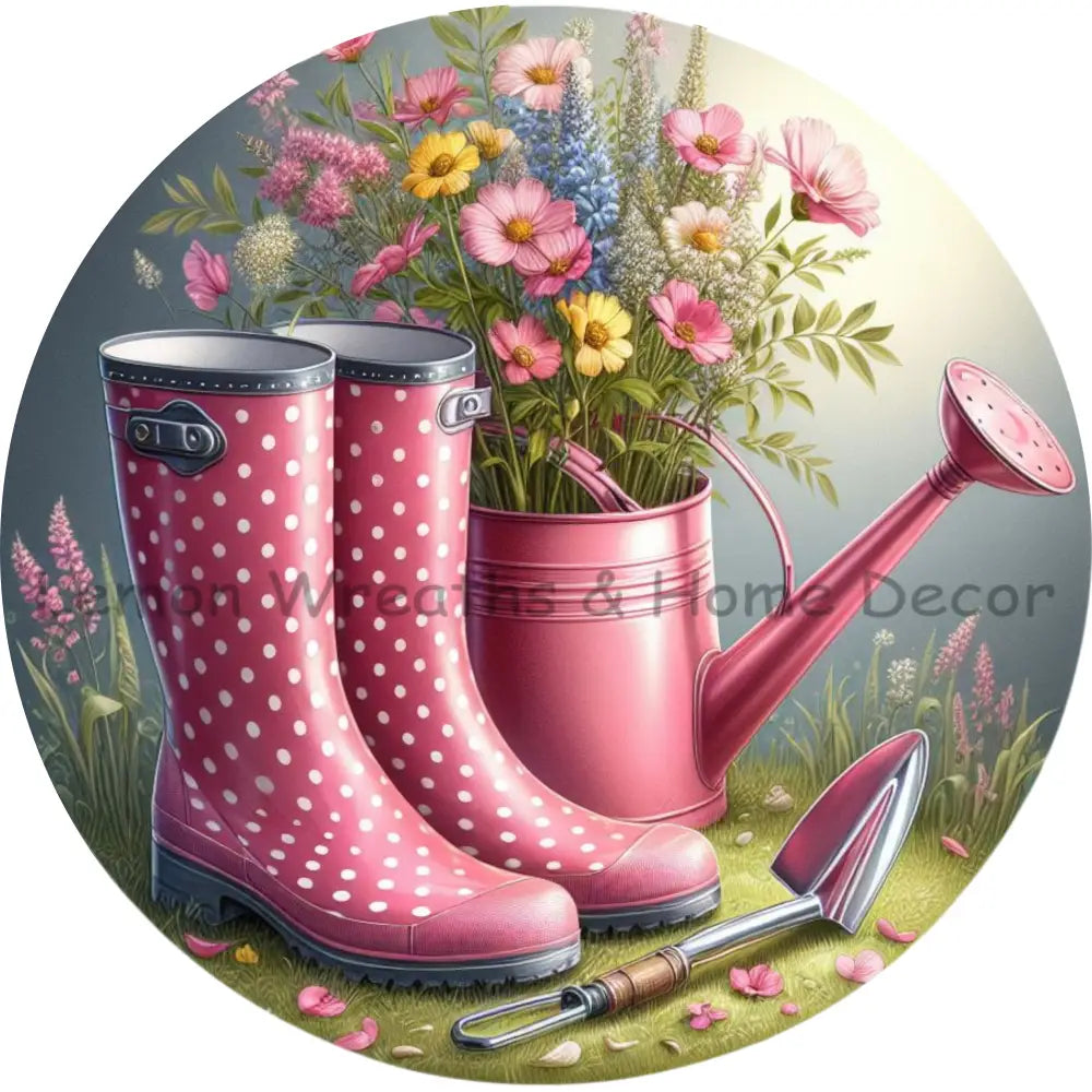 Pink Polka Dots Rain Boots Metal Sign