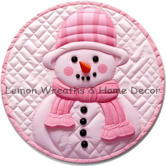 Pink Snowman With Hat Quilted Look Metal Sign